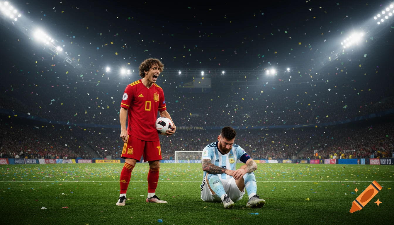 A Spanish player in a red jersey celebrates wildly with a soccer ball, while Lionel Messi in an Argentina jersey sits dejected on the grass of a confetti-strewn stadium at night.