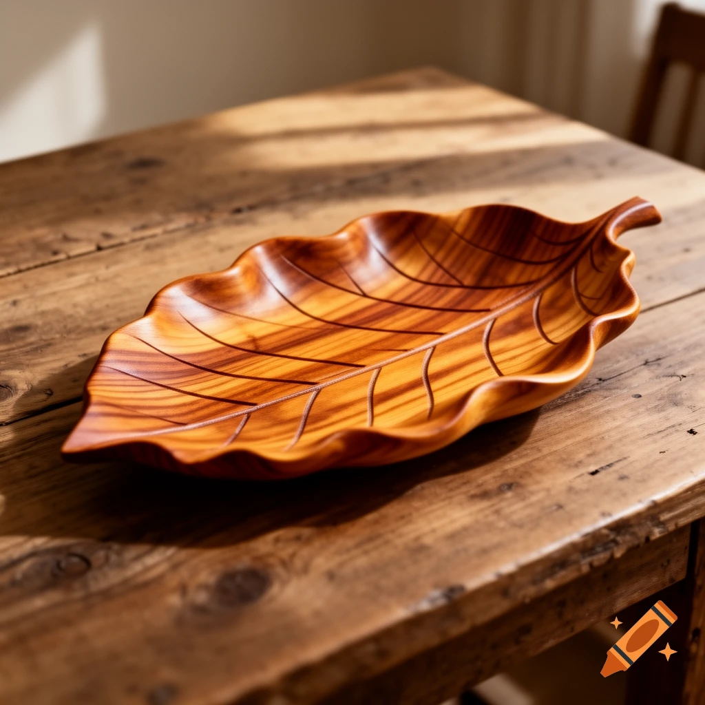 A detailed photo of a polished wooden leaf-shaped tray resting on a rustic wooden table, bathed in sunlight.