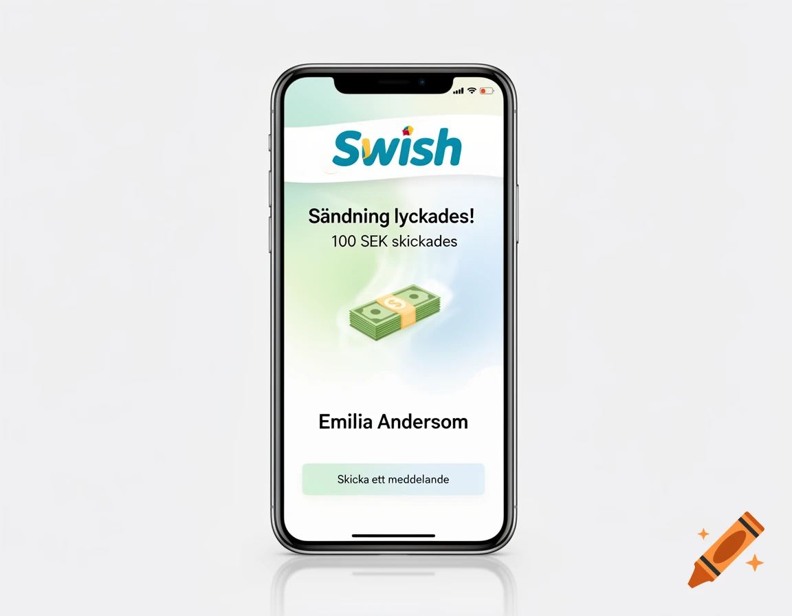 A smartphone displays the Swish app's success screen, showing a transfer of 100 SEK to Emilia Andersom.