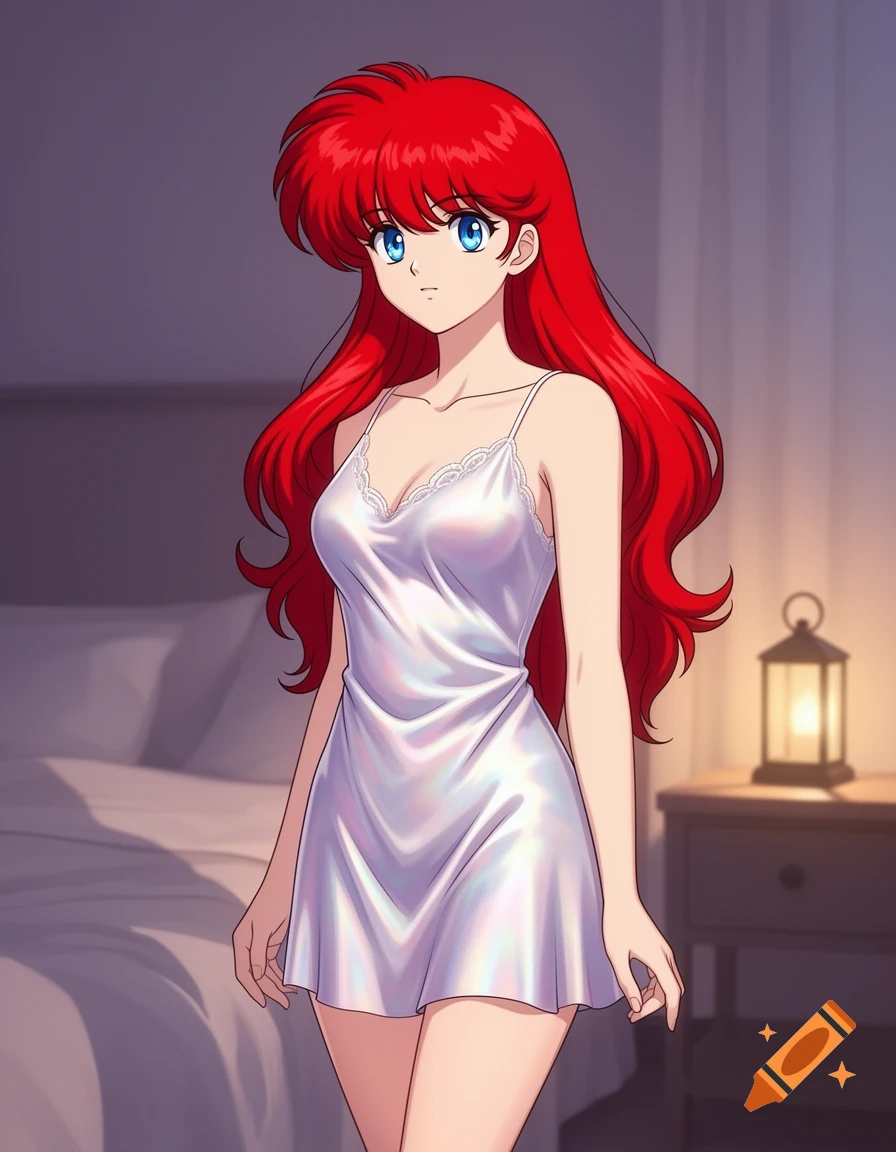 Anime illustration of a redhead woman, Ranma Saotome, wearing a short silky nightdress in a softly lit bedroom.