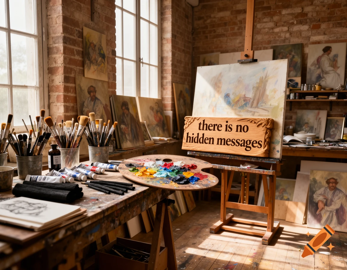 A detailed view of an artist's studio featuring an easel, a wooden sign saying 'there is no hidden messages', paints, and brushes.