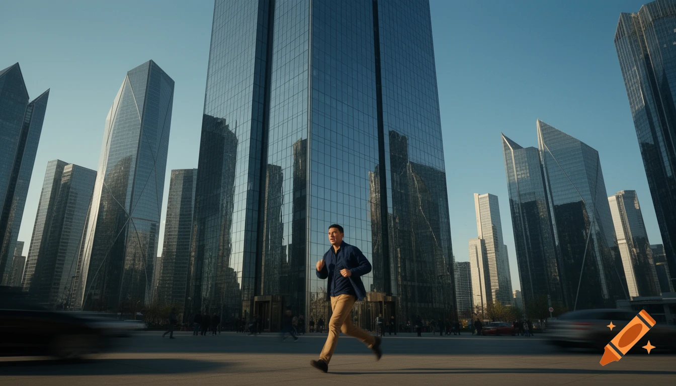 A man runs through a city square surrounded by tall, modern glass skyscrapers under a blue sky, with blurred cars passing by.