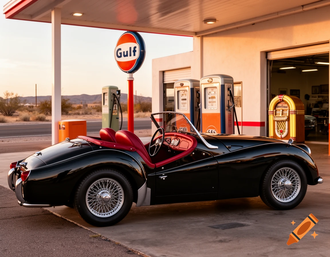 A black vintage Triumph TR3 A convertible with red interior parked at a retro Gulf gas station on Route 66, with gas pumps and a jukebox.