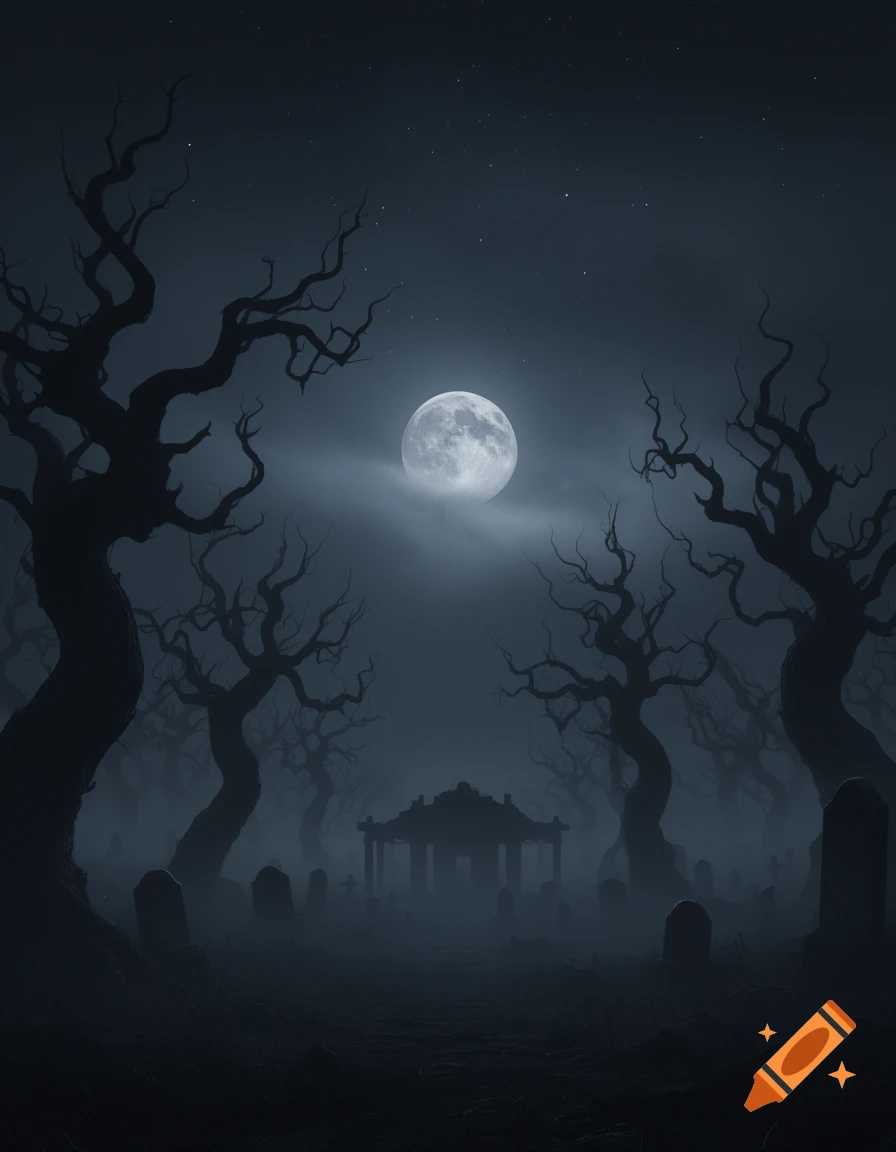 A full moon illuminates a misty, dark graveyard with silhouetted bare trees, tombstones, and a distant mausoleum.