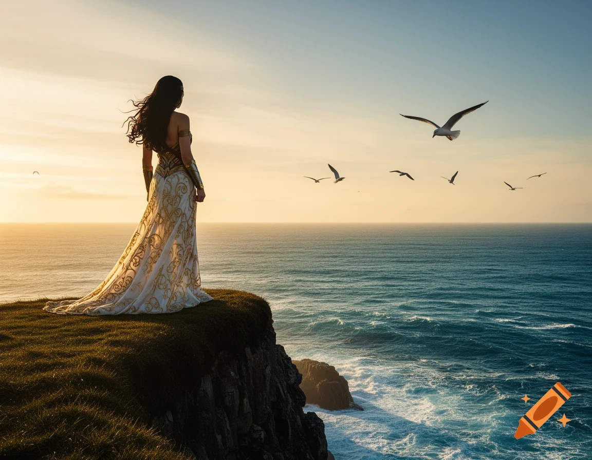 A woman in a flowing white and gold dress stands on a cliff edge, watching the sunset over a vast ocean with seagulls flying.