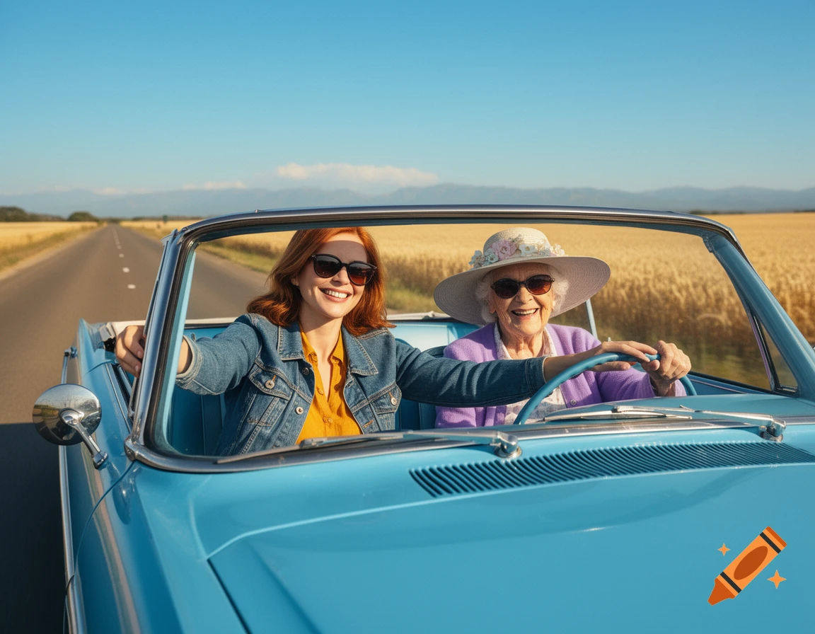A smiling young woman and an elderly woman in sunglasses drive a light blue convertible down a sunny road through fields.