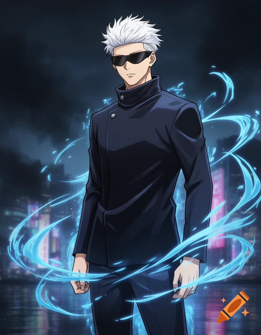 Anime character Satoru Gojo with spiky white hair and sunglasses in a dark uniform, surrounded by blue energy against a blurred city.