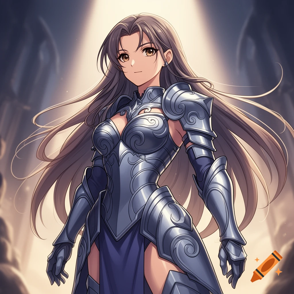 Anime-style female warrior with long brown hair wearing elaborate silver armor, standing in a spotlight.