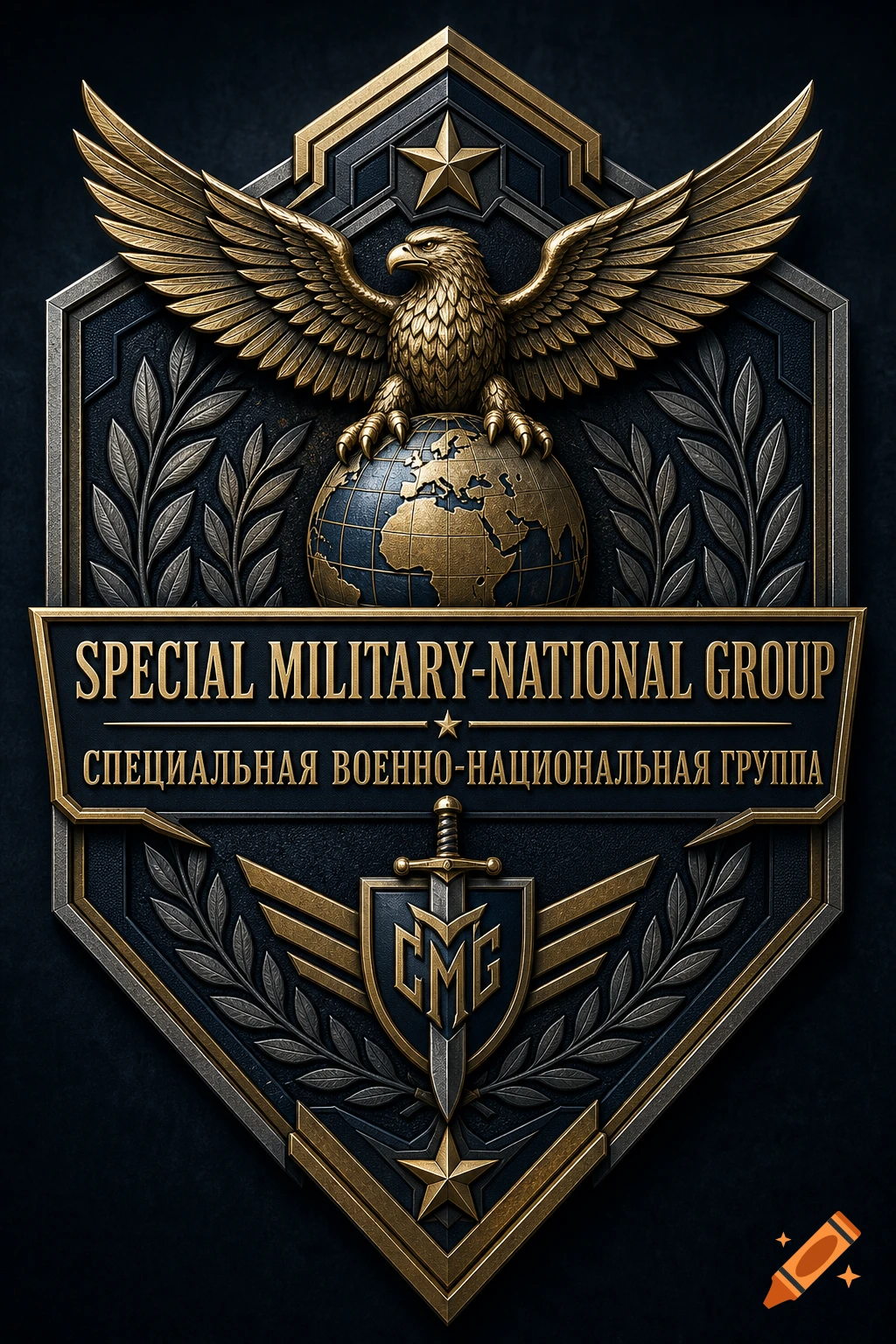 A detailed military-style emblem featuring a golden eagle perched on a golden globe, surrounded by silver olive branches. Text reads "SPECIAL MILITARY-NATIONAL GROUP" and "СПЕЦИАЛЬНАЯ ВОЕННО-НАЦИОНАЛЬНАЯ ГРУППА" with a shield below showing the letters "CMG" and a sword.