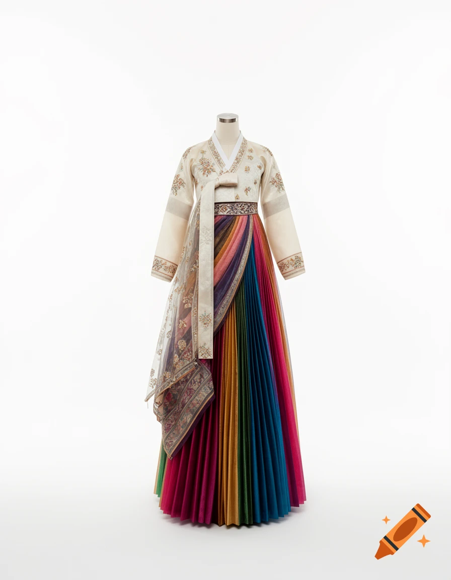 A mannequin wearing a vibrant hanbok and sari fusion garment with an embroidered cream top and a pleated rainbow skirt.