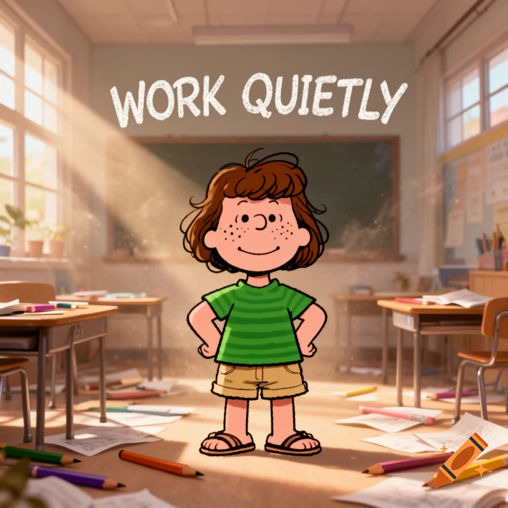A cartoon girl with short brown hair and freckles, wearing a green striped shirt and shorts, stands in a sunlit classroom with "WORK QUIETLY" written above.