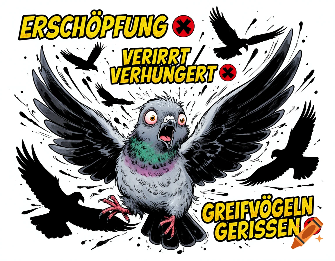 A terrified pigeon in comic style, with wide eyes and open beak, spreads its wings as silhouetted birds of prey fly around it amidst ink splatters. German text says "ERSCHÖPFUNG" (Exhaustion), "VERIRRT / VERHUNGERT" (Lost / Starving), and "GREIFVÖGELN GERISSEN" (Torn by Birds of Prey).