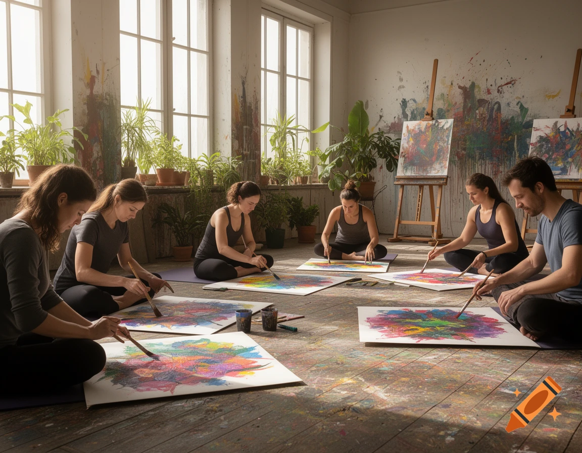 A group of people sit on the floor in a brightly lit art studio, painting colorful abstract designs on canvases, combining art and yoga.