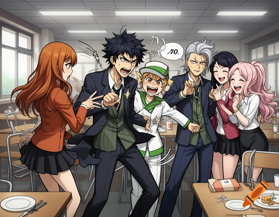An anime scene in a school cafeteria with seven students. A male student yells at a female student, while another male student with white hair gestures and two female students laugh.