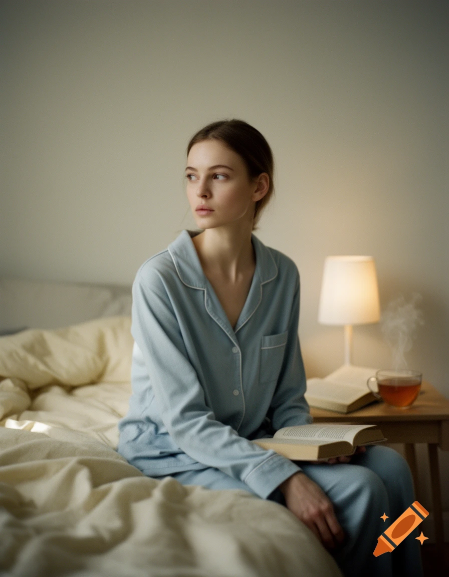 A young woman in light blue pajamas sits on a bed, looking away, holding an open book. A steaming cup of tea and a lamp are on a nightstand.