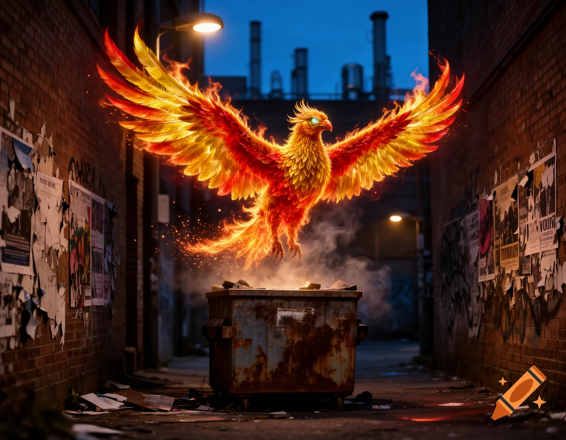 A majestic, fiery phoenix with glowing eyes rises from an old, rusty dumpster in a dark, urban alleyway at dusk.