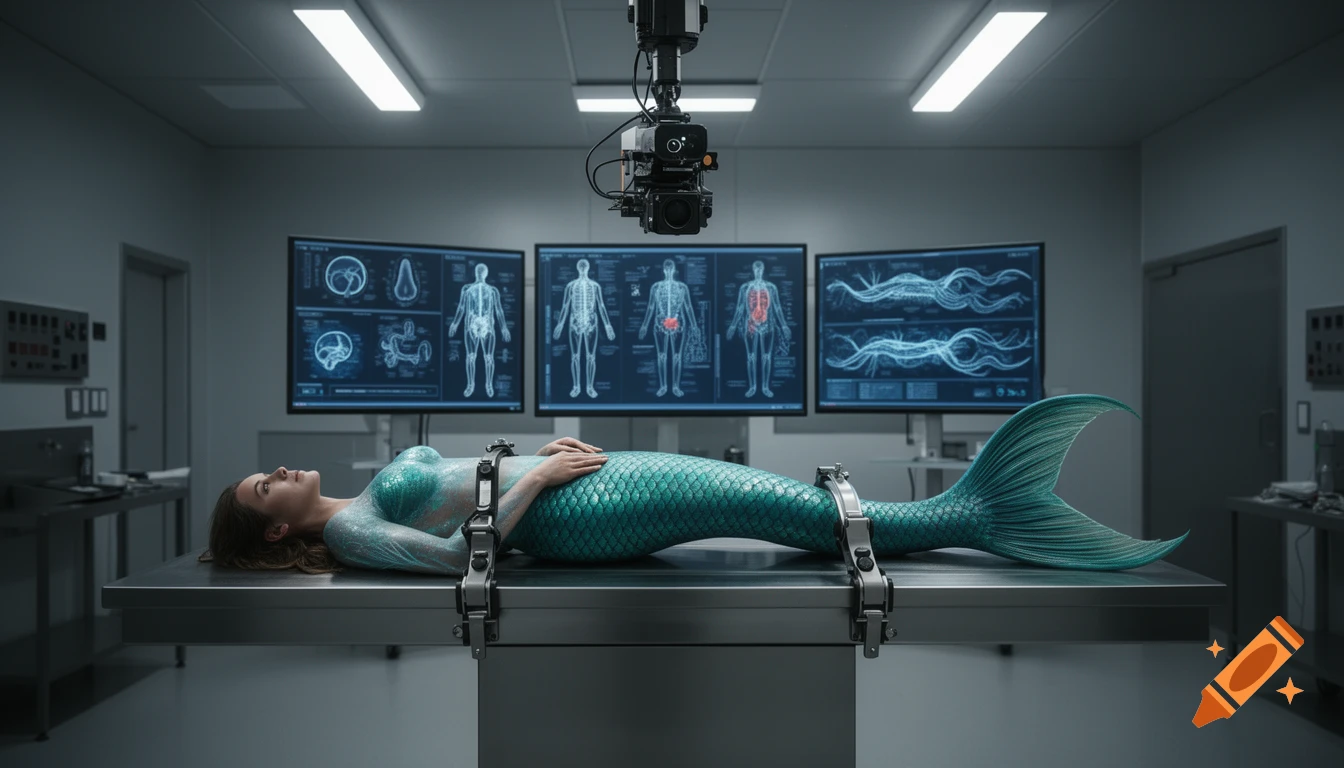A mermaid lies restrained on a metal examination table in a high-tech medical facility with biometric scan displays.