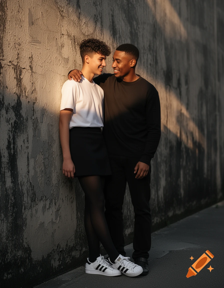 Two smiling men, one in a white t-shirt and black skirt, the other in a black top, embrace by a textured wall in sunlight.