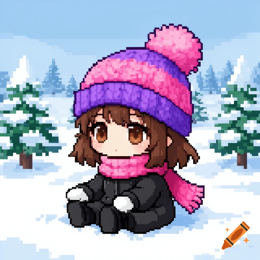 Chibi anime girl in a pink and purple winter hat, pink scarf, and black jacket, sitting in 8-bit pixel art style snow with trees.