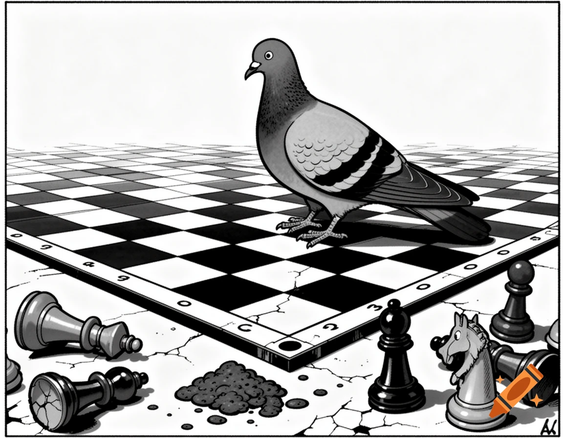 A black and white comic-style image of a pigeon standing on a chessboard surrounded by overturned chess pieces and bird droppings.