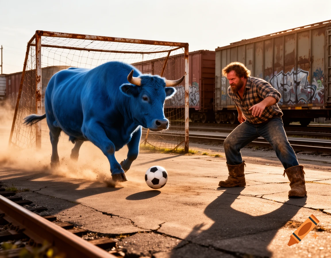A giant blue ox plays soccer with a bearded man in a plaid shirt, kicking the ball towards a rusty goal in a sunny rail yard.
