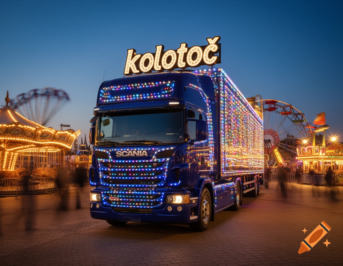 A blue Scania truck with colorful lights and 'kolotoč' on its roof at a fairground at dusk, with a carousel and Ferris wheel.