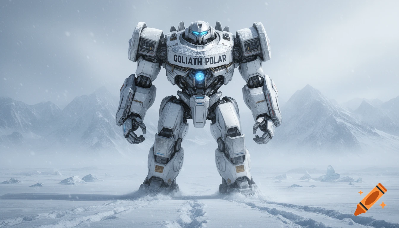 A massive white and gray robot with blue glowing lights, named 'Goliath Polar', stands in a snowy, mountainous arctic landscape.