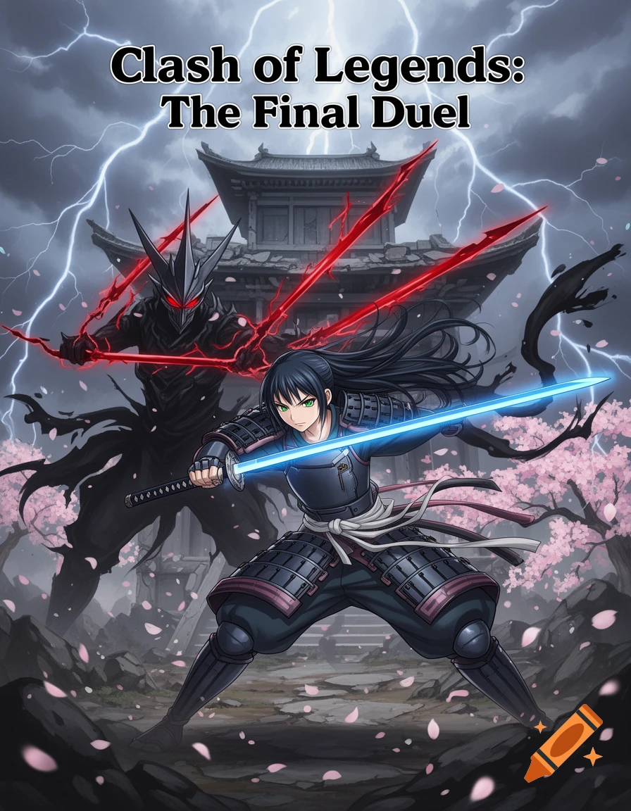 Anime poster of a warrior in samurai armor with a blue glowing katana facing a demon in front of a Japanese temple under lightning. Text: Clash of Legends: The Final Duel.