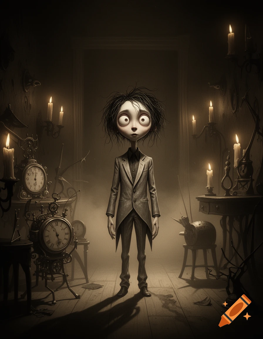 A Tim Burton-inspired character, a boy with messy hair and wide eyes, stands in a dark, candlelit room filled with old clocks.