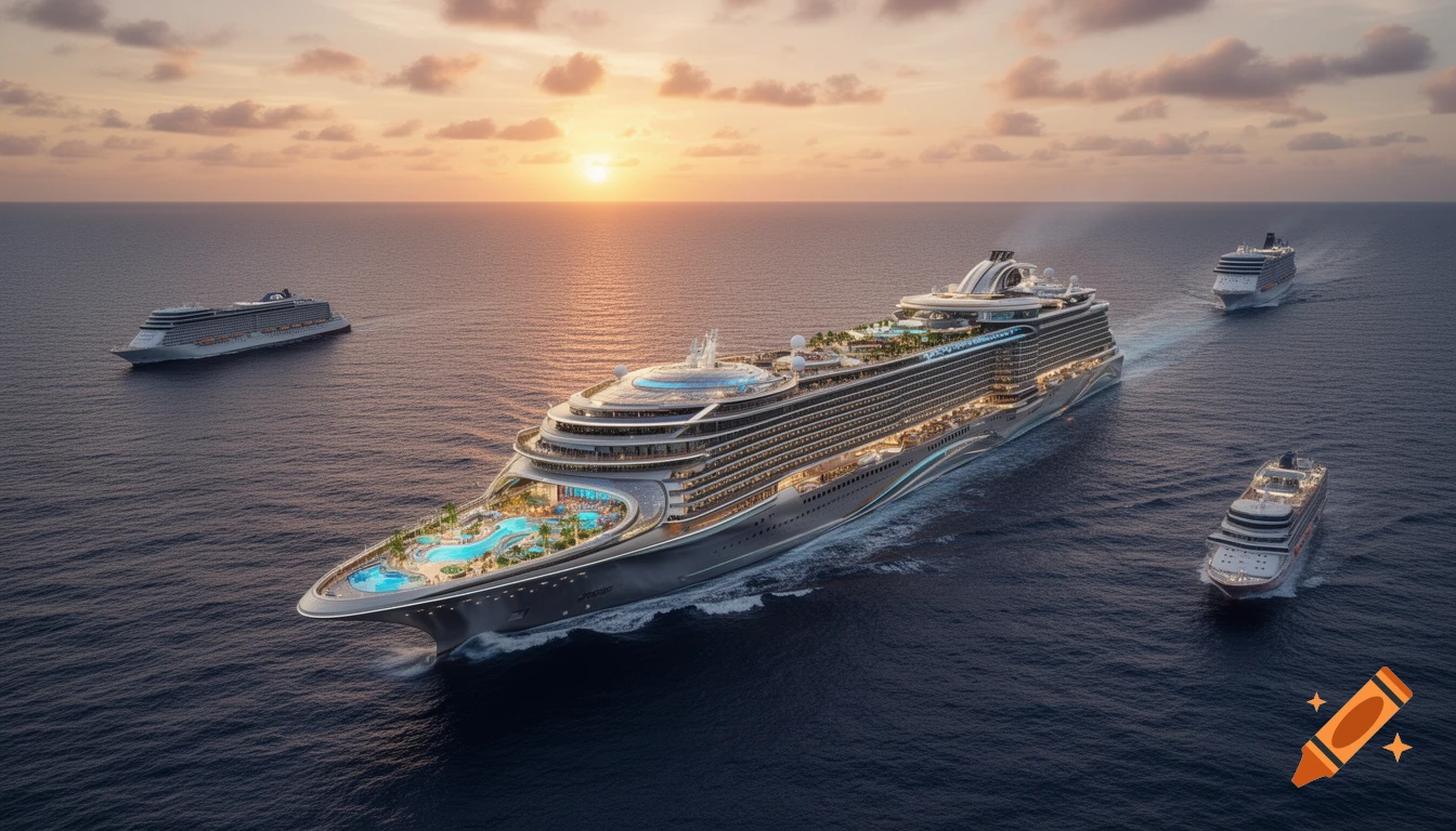 Aerial view of a massive, ultra-luxury cruise ship with pools and balconies sailing on the ocean at sunset, flanked by three smaller cruise ships.