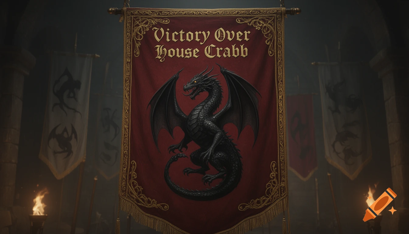 A red and gold medieval banner with a black dragon and text 'Victory Over House Crabb' hangs in a dark hall.