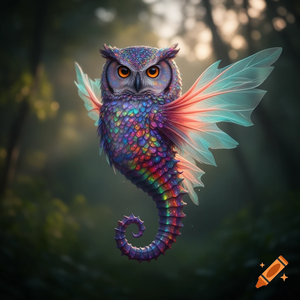 A vibrant, iridescent owl-seahorse hybrid with large orange eyes and delicate fins, floating in a soft focus forest setting.