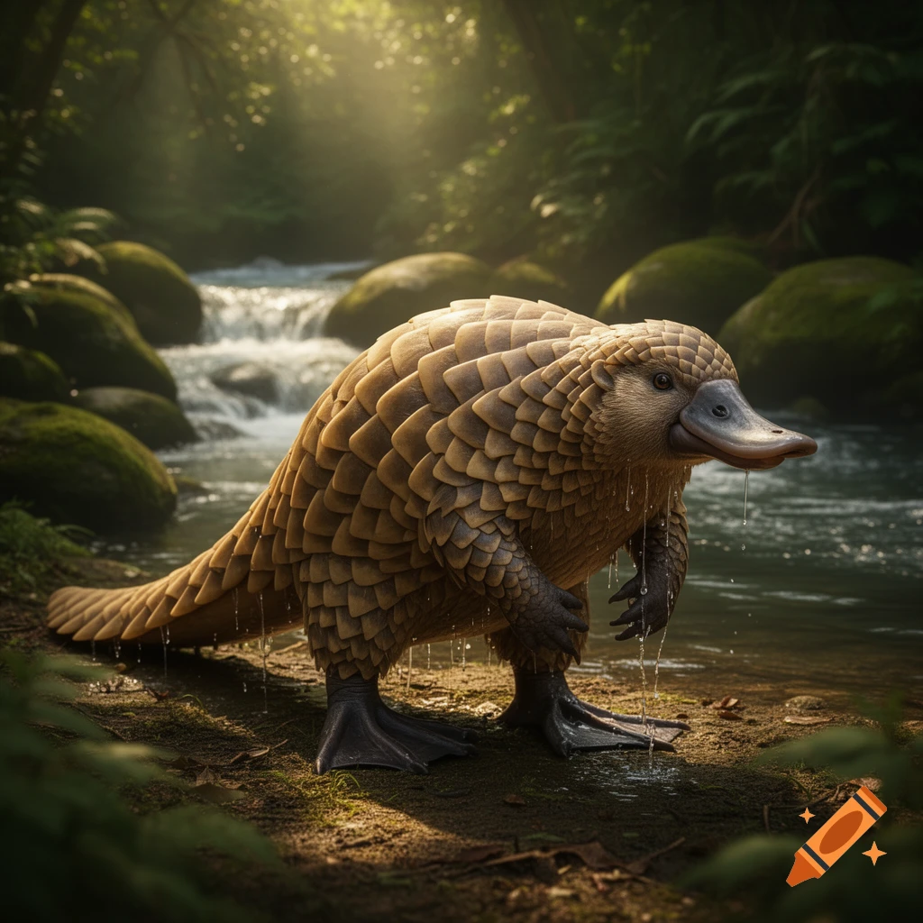 A photorealistic hybrid creature with a pangolin's scaled body and a platypus's bill and webbed feet stands by a river in a lush forest.
