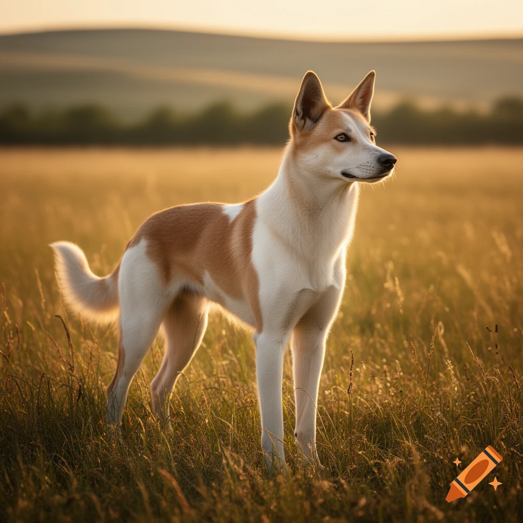 A brown and white Canaan dog stands in a sunlit golden field with rolling hills in the background at sunset, photorealistic.