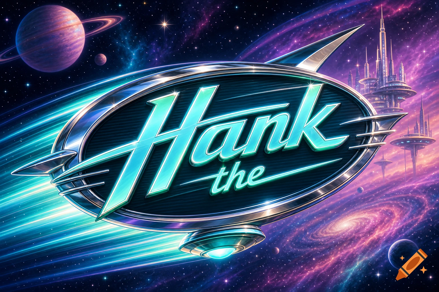 Vibrant retro-futuristic logo for 'Hank the' in space, with planets, a galaxy, and a futuristic city.