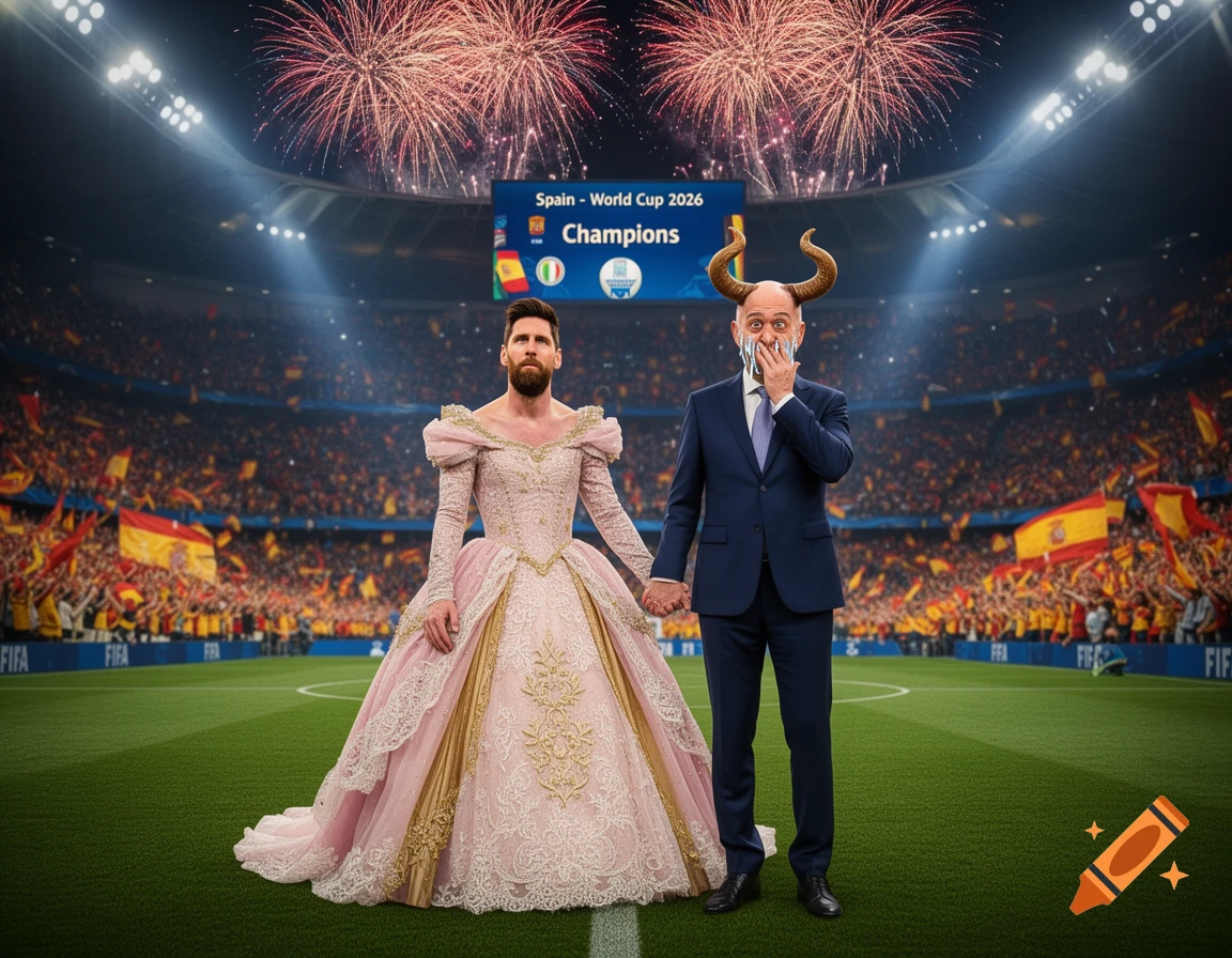 Lionel Messi in a pink princess dress holding hands with a horned, crying Gianni Infantino on a soccer field, with fireworks and a screen displaying 'Spain - World Cup 2026 Champions'.