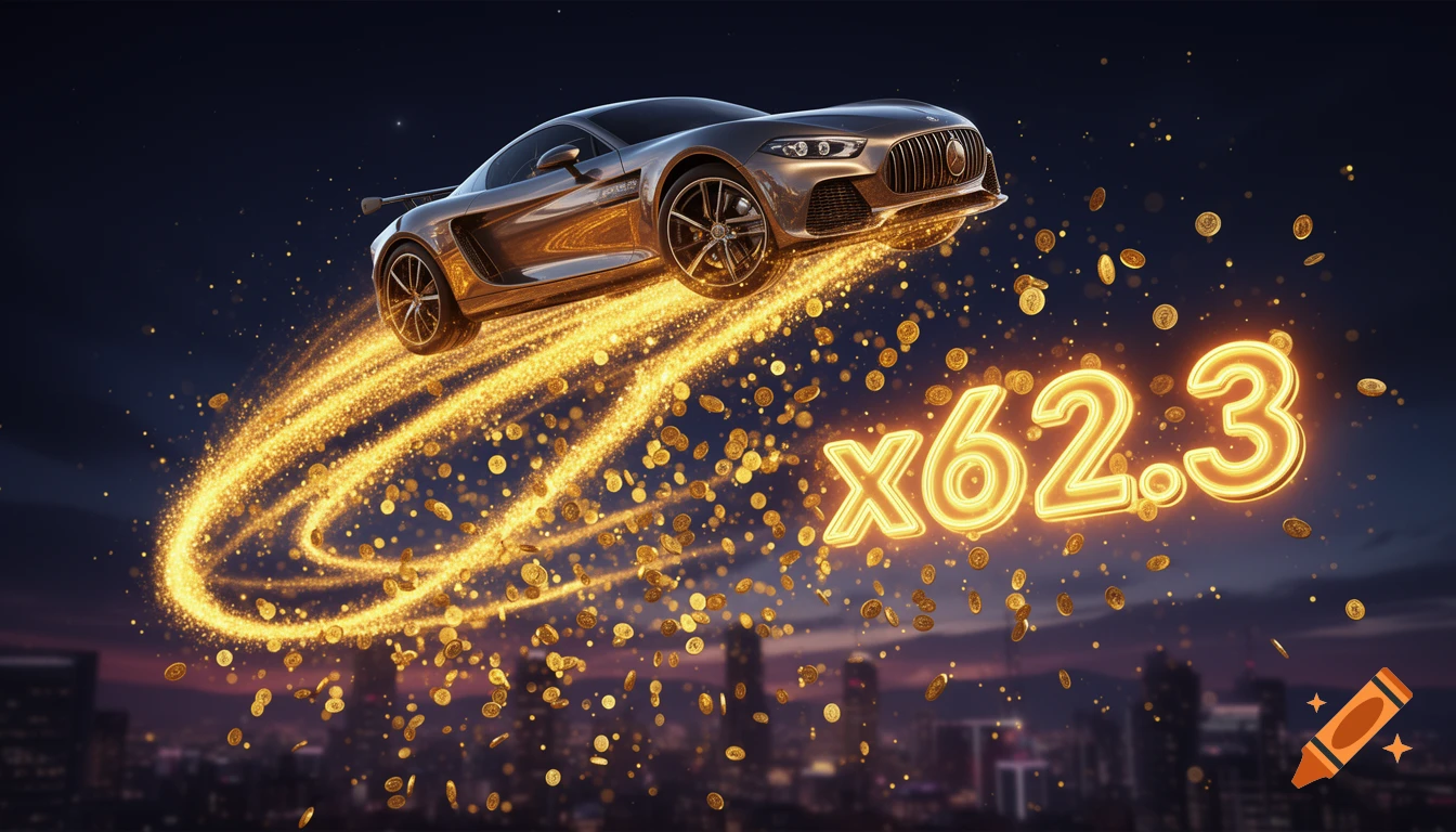 Luxury sports car flies over a city at night, surrounded by golden light trails, raining coins, and a glowing 'x62.3' multiplier.