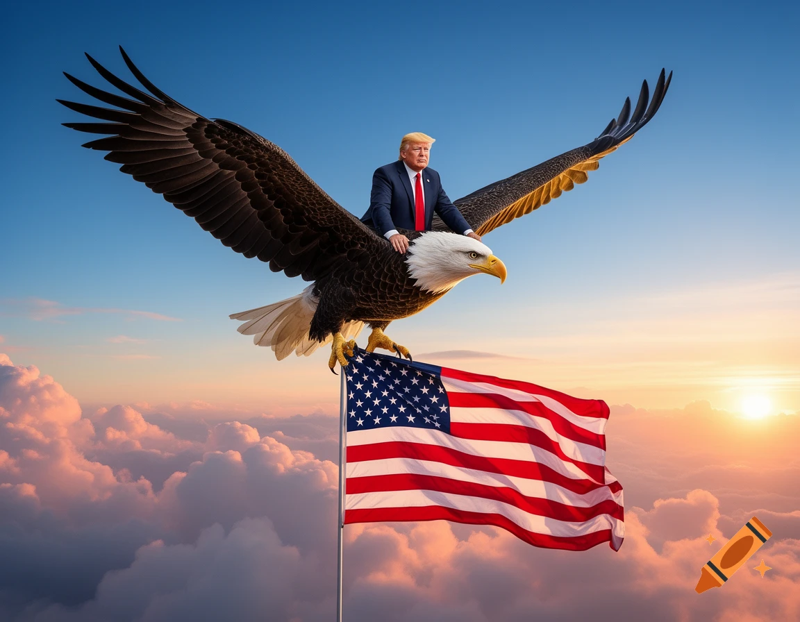 Donald Trump rides a majestic bald eagle, flying high above clouds at sunrise, carrying an American flag.