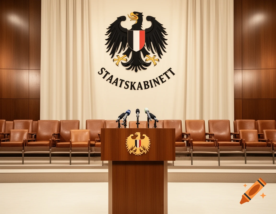 A government press conference room with a wooden podium, microphones, and an eagle emblem with 'STAATSKABINETT' on the wall.