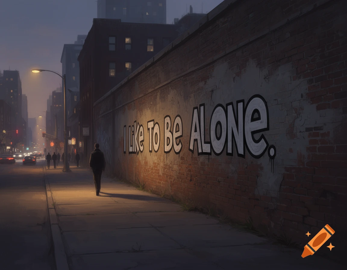 A lone person walks a dark city street next to a brick wall with 'I Like To Be ALONE.' graffiti, city lights in the distance.