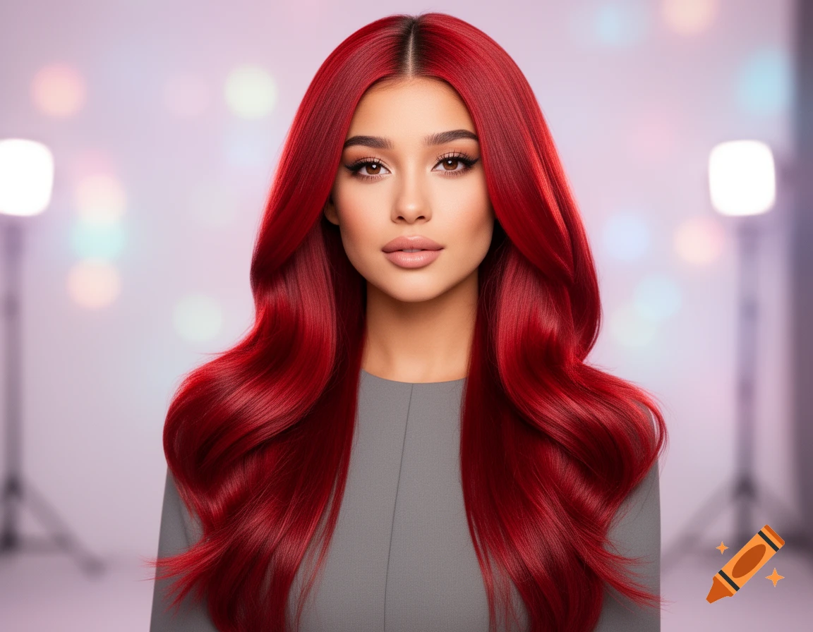 A woman with long, vibrant red wavy hair and natural makeup looks at the camera in a studio setting.