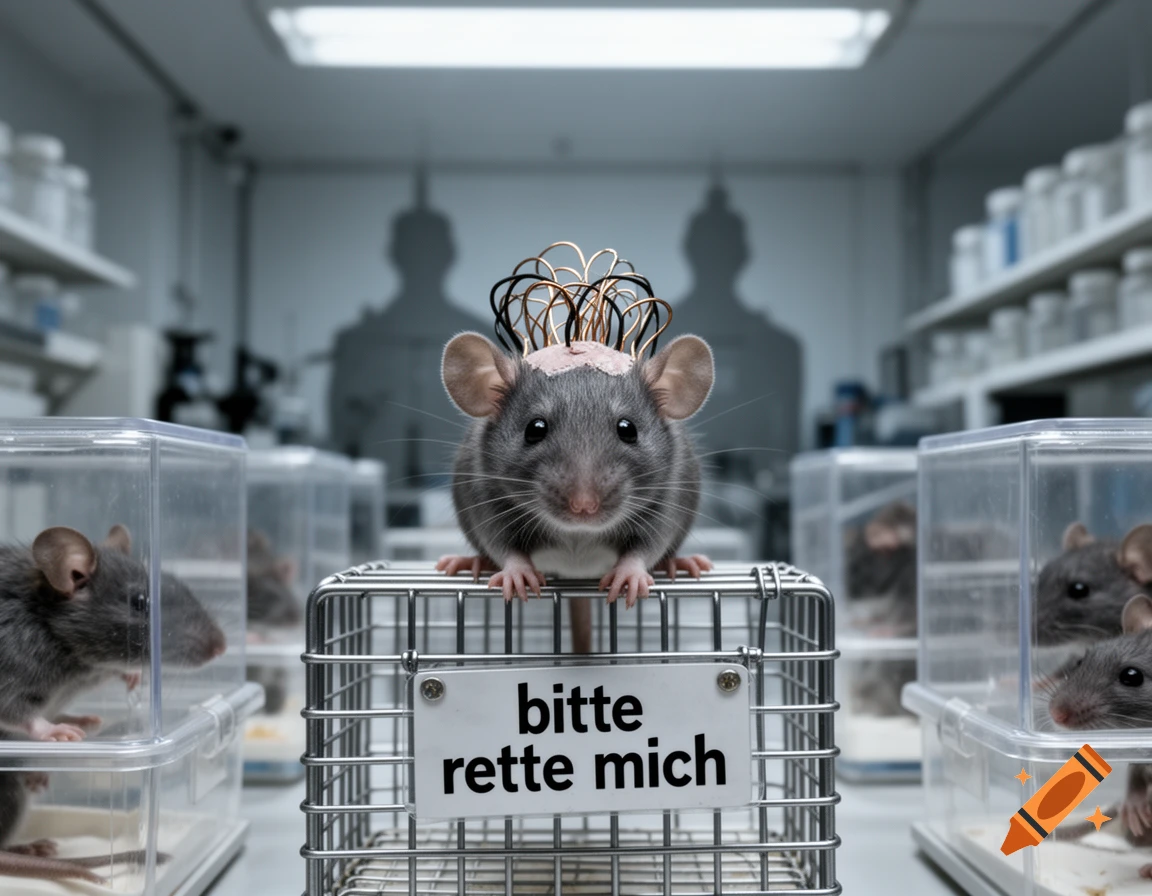 A mouse with wires in its head sits on a cage in a lab, with a sign reading 'bitte rette mich' (please save me). Other mice are in surrounding cages.