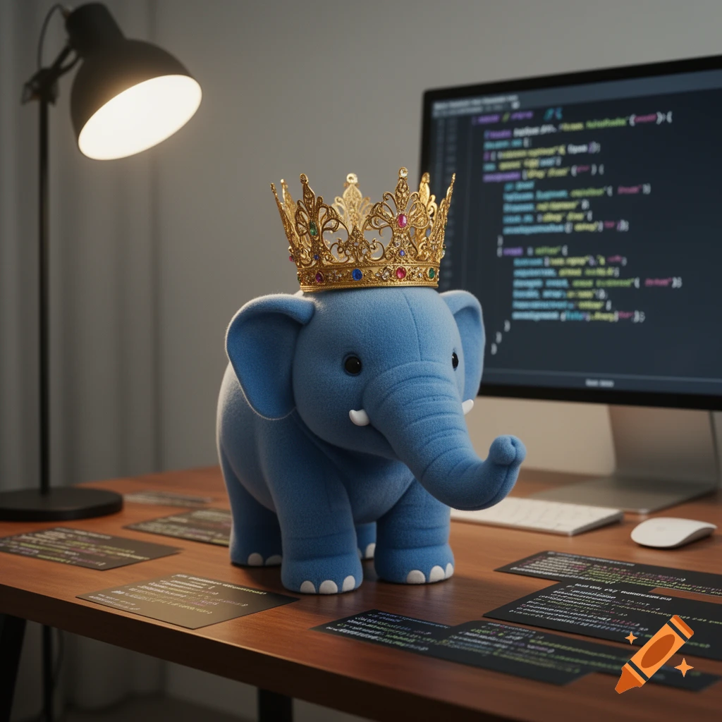 A blue elephant plushie wearing a gold crown sits on a wooden desk with a computer monitor displaying code, a lamp, and code cards.