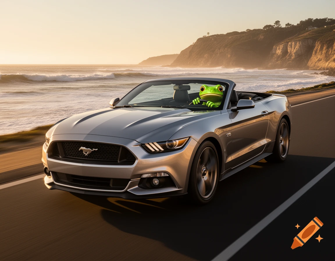 A cartoon frog drives a silver Ford Mustang convertible along a coastal road at sunset, with waves crashing against cliffs.