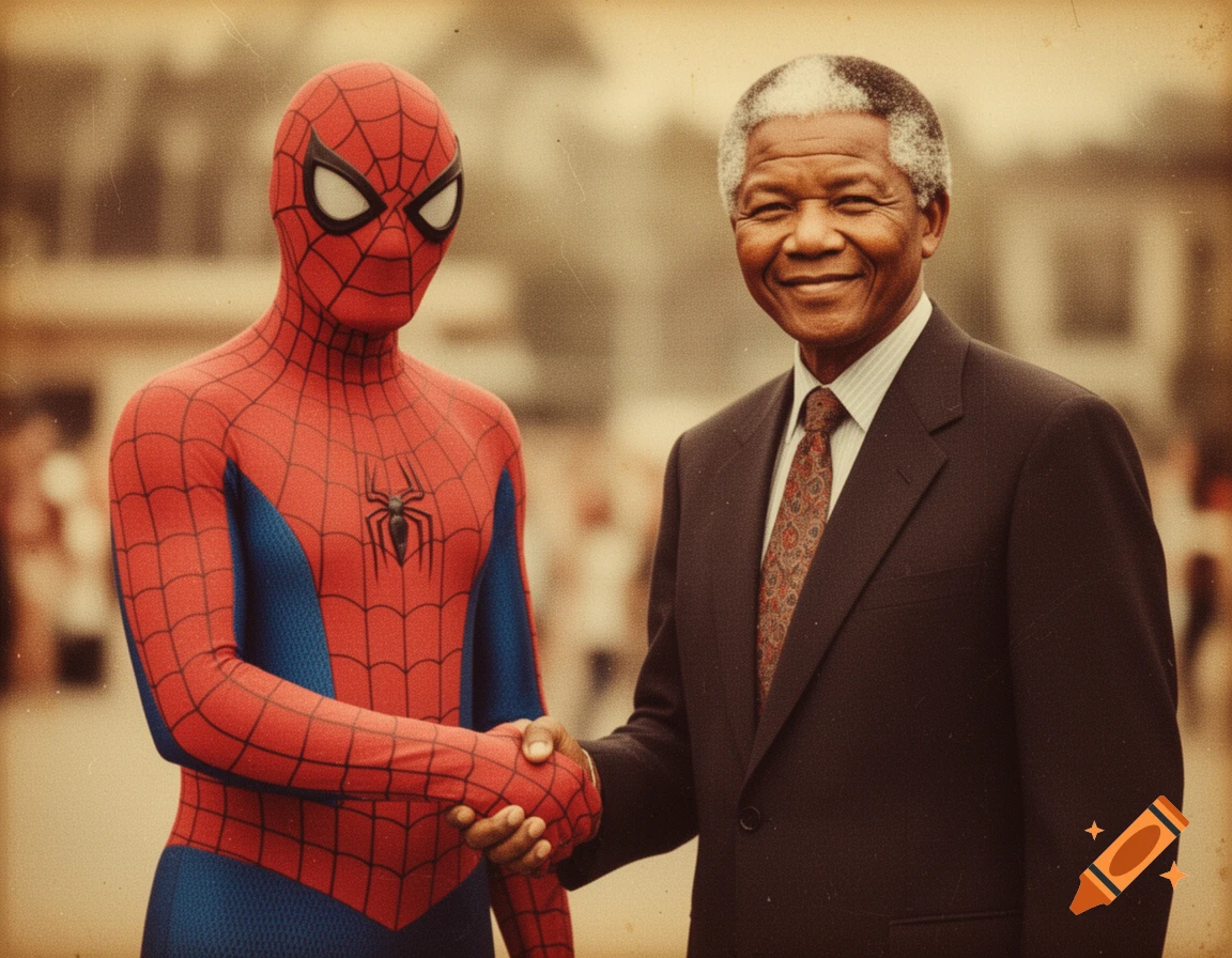 Vintage photo of Spider-Man and Nelson Mandela shaking hands, both smiling and looking at the camera.