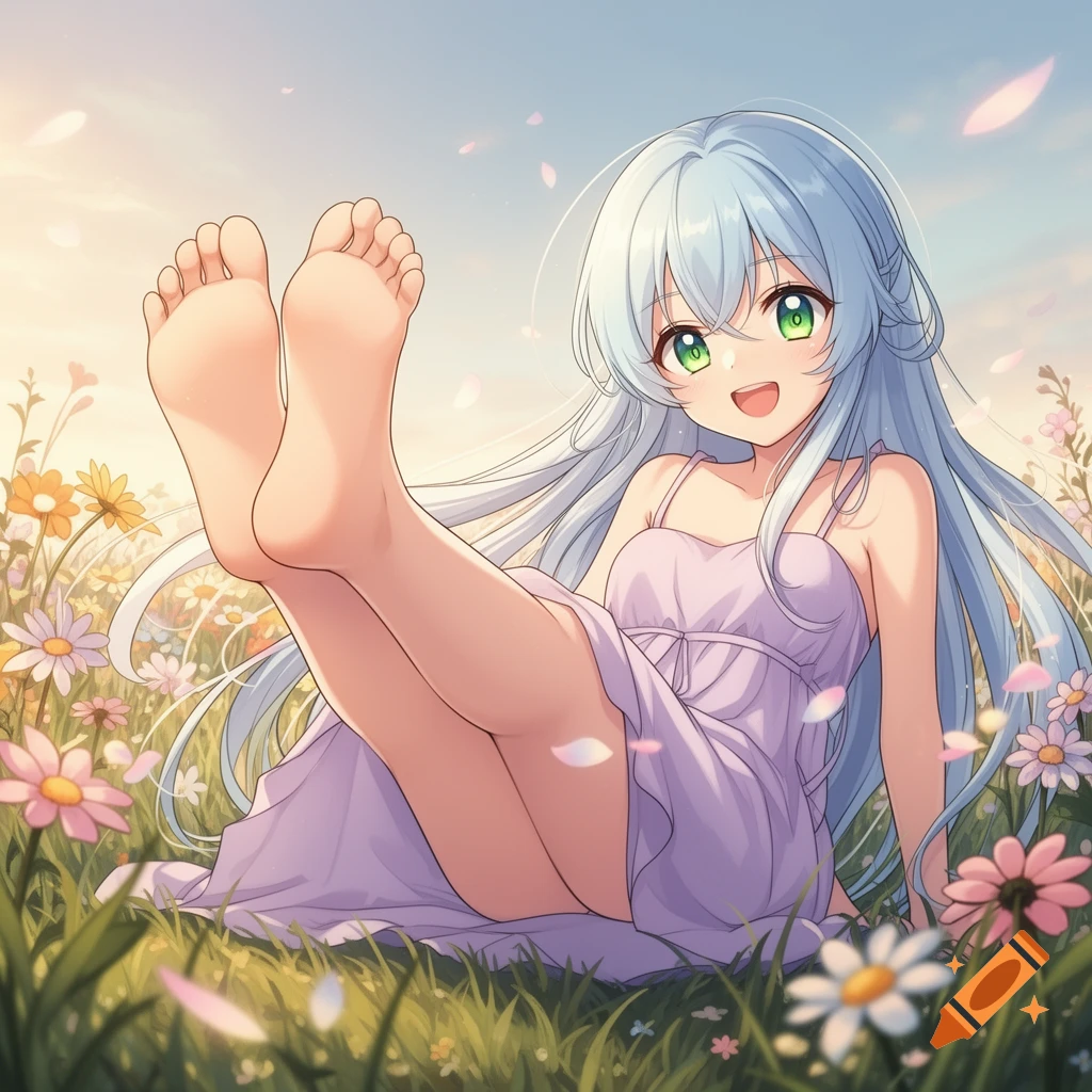 An anime girl with long light blue hair and green eyes, wearing a lavender dress, sitting in a field of colorful flowers with her bare feet up.