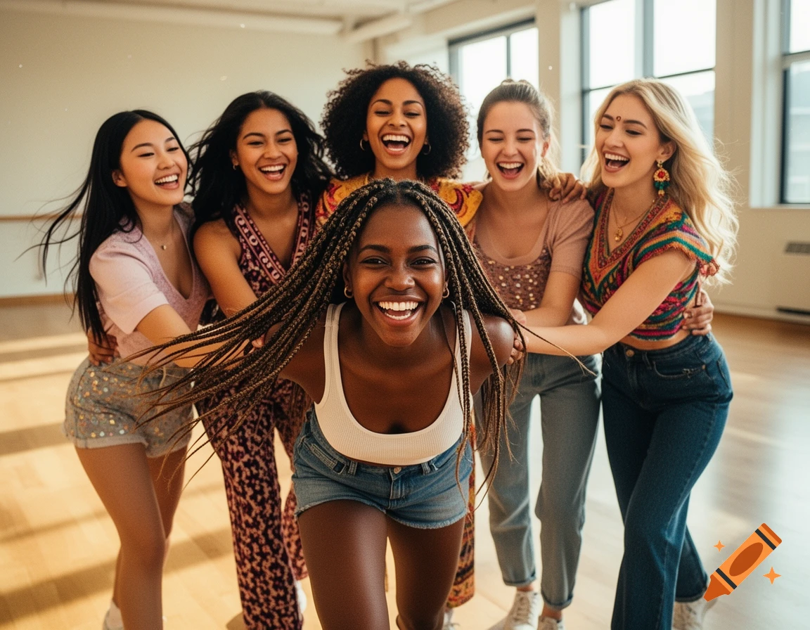 Six diverse young women laughing and embracing in a group hug in a brightly lit dance studio.