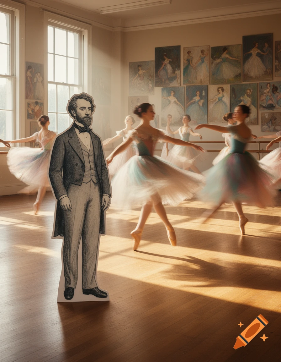 Drawn cutout of a man in a suit stands in a sunlit ballet studio where blurred ballerinas dance.