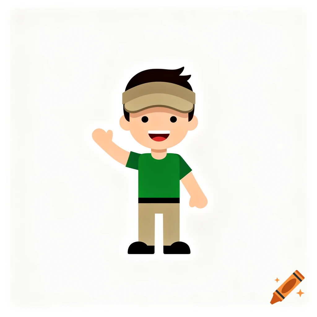 A smiling animated boy with dark hair, a green shirt, khaki pants, and a khaki visor waves.