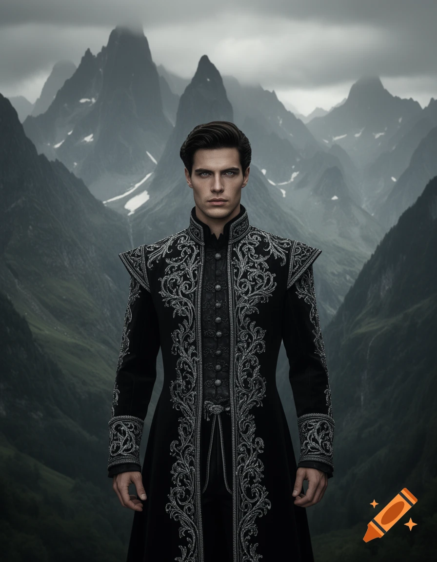 A handsome fantasy prince in black medieval royal clothing with silver embroidery stands against dark, cloudy mountains.